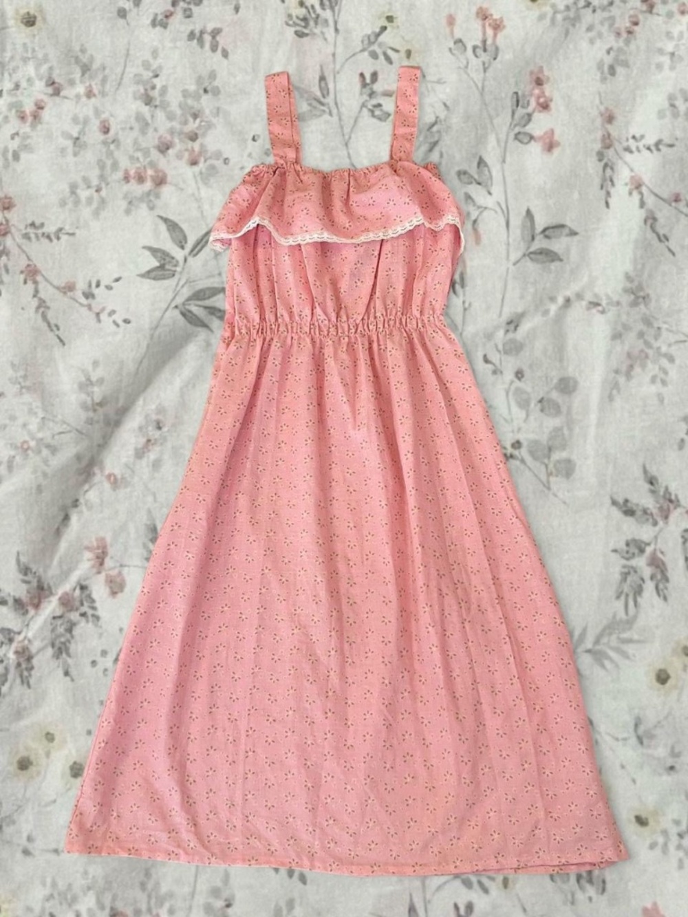 Vintage 70s Cottagecore Baby Pink House Dress Lace Faux Broderie Anglaise